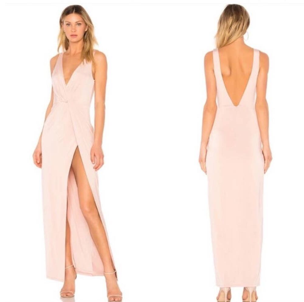 NBD Women's Buttercup Maxi Dress Size Medium Pink Blush V Neck High Slit Slinky